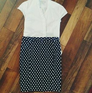 Navy and white polka dot pencil skirt