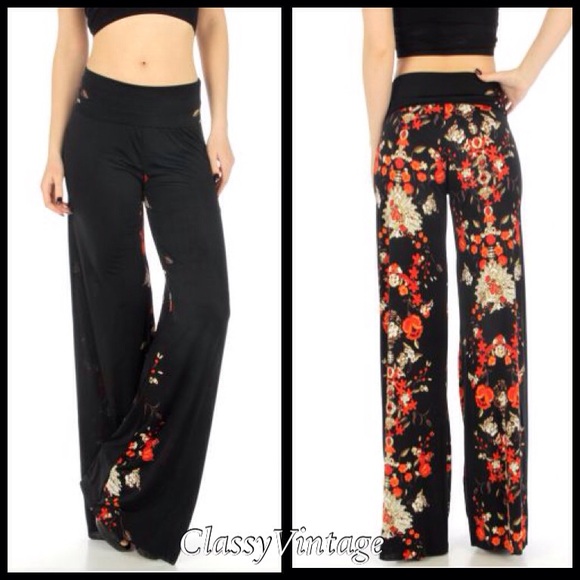 Boutique Pants - RESTOCKED. Black palazzo pants w/red floral back