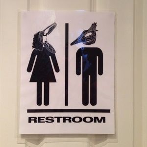 Laminated Beetlejuice bathroom sign