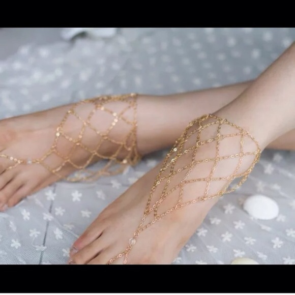 Gold Barefoot Jewelry Sandals Clear Crystal Bead - Picture 2 of 4