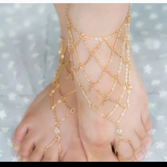 Gold Barefoot Jewelry Sandals Clear Crystal Bead - Picture 3 of 4