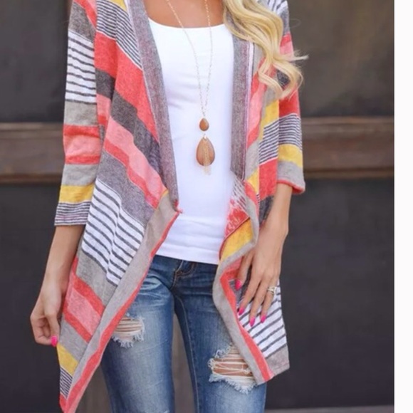 Sweaters - New Stripped Open Front Long Sleeve Light Sweater