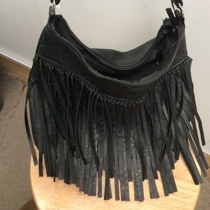 Black faux leather fringe purse