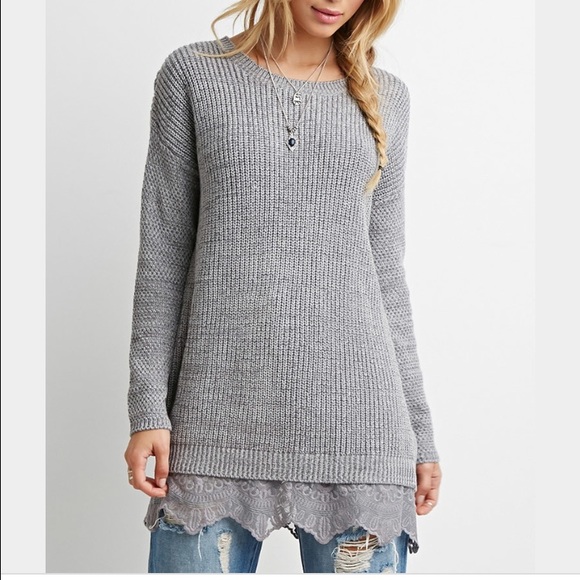 Forever 21 Lace hem longline scoop neck sweater