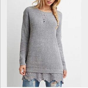 Forever 21 Lace hem longline scoop neck sweater