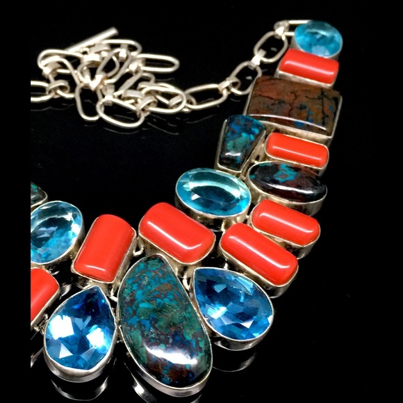 Sale!! Handmade Chrysocolla & Blue Topaz Necklace - Picture 3 of 4