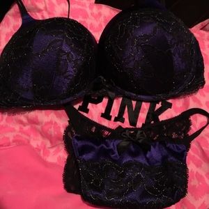 Victoria's Secret bra panty purple black lace 38C