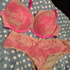 Victoria's Secret 38C bra panty hot pink nude lace