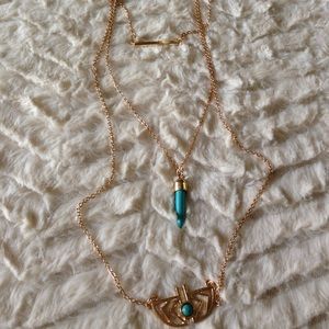 Gold and turquoise Aztec three layer necklace