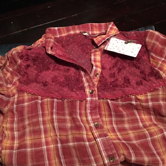 SOLD NWT Free People plaid shirt with lace - Picture 2 of 3
