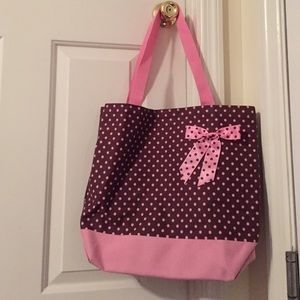 Pink and brown polka dot tote with bow