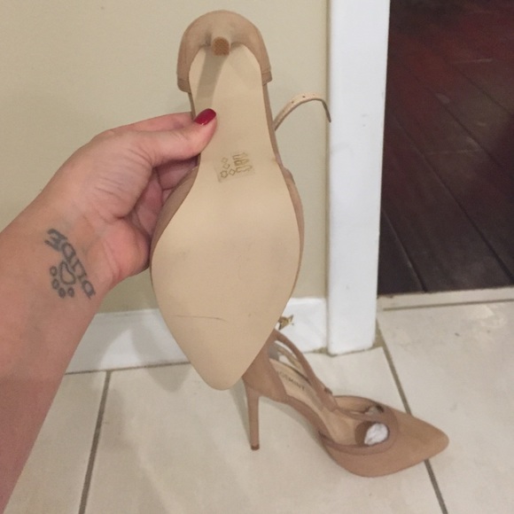 Nude suede t strap pumps with leather trim - Picture 4 of 4