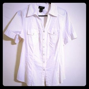 Bright white striped short sleeve blouse