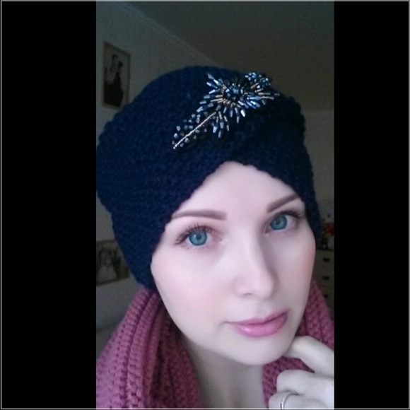 Fancy Beaded Accent Knit Turban Hat - Picture 4 of 5