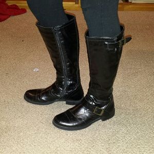 Black buckled zip up boots