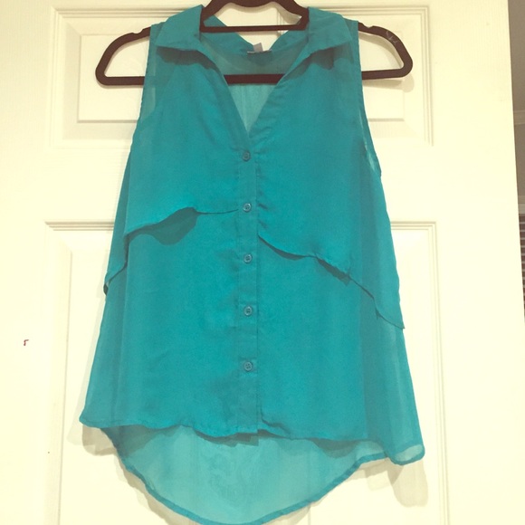 Sheer Blue Green Button Down Collared Top