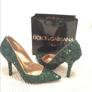 DOLCE & GABBANA SEQUINED GREEN HIGH HEELS SZ 7 🎄
