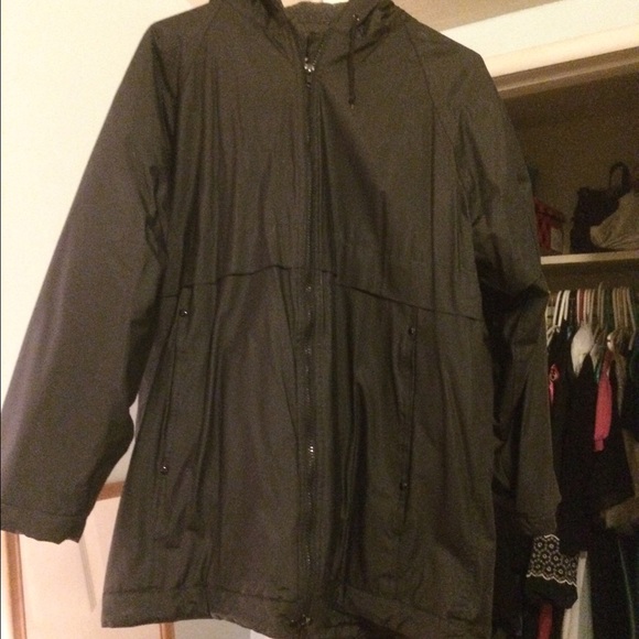 Long black rain jacket.