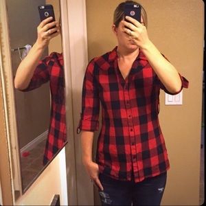 Red and black buffalo plaid button up