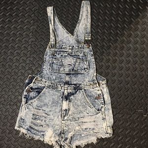 Distressed denim racerback overalls