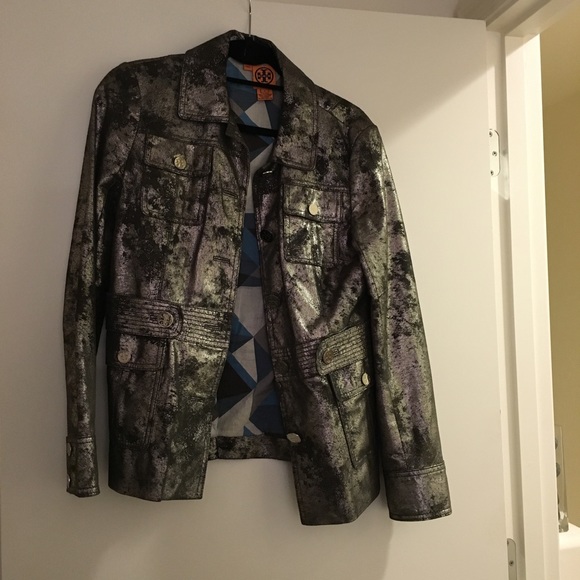 Tory Burch Metallic Gray Leather Jacket - Picture 1 of 3