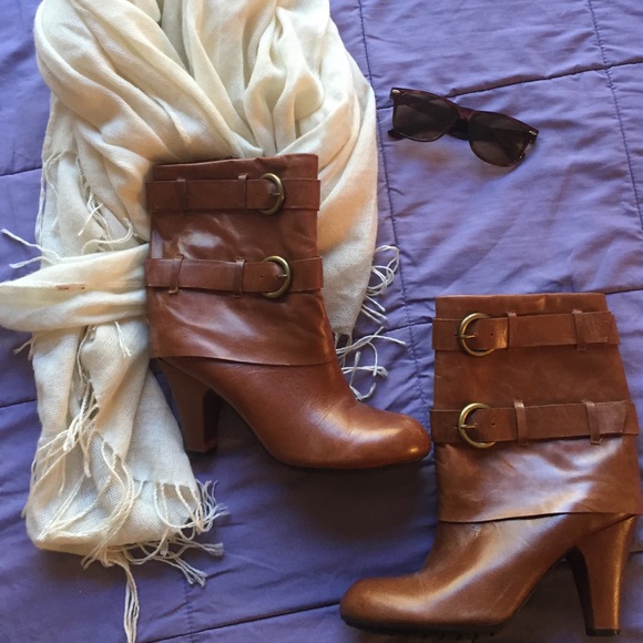 Mid height brown buckled booties