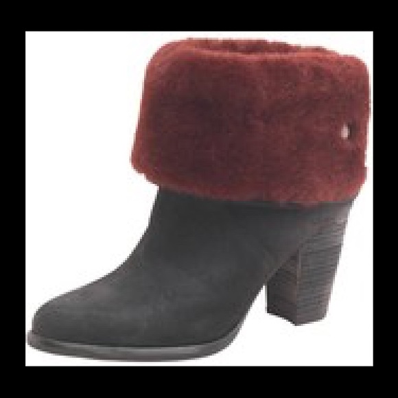 Ugg heeled booties, black with oxblood lining, 6