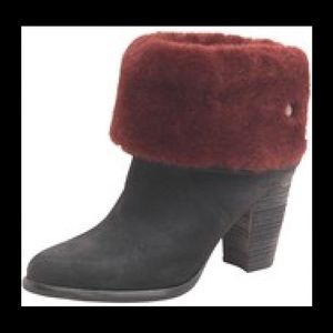 Ugg heeled booties, black with oxblood lining, 6
