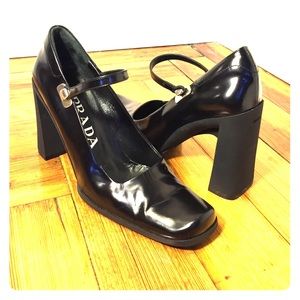 Prada Black Leather Chunky Heel Size 35.5