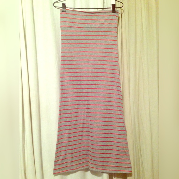 Grey Maxi Fold Over Waist Skirt With Coral Stripes