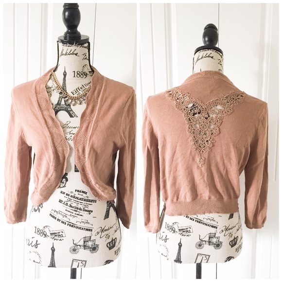 89th and madison  Sweaters - Light Brown Lace Detail Shrug Cardigan