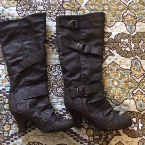 Brown heeled mid calf boots