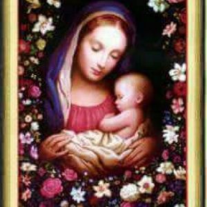 Mary cradling the baby with flower around