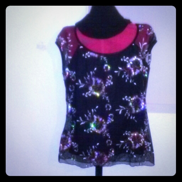 Paper doll sequins on black and black sheer shirt