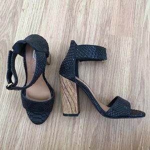 Black and brown open toe block heels