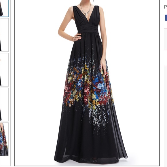New floral evening dress w v neck in black multi