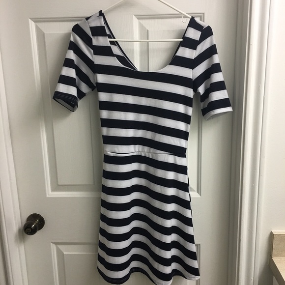 navy blue and white stripped dress