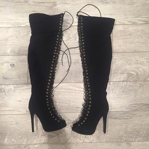 Knee high tie up suede boots