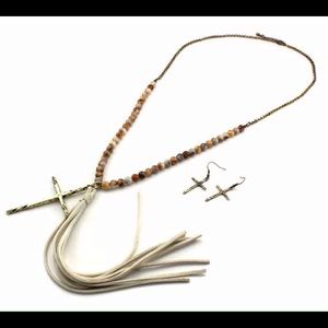 Cream Beaded Cross and Tassel Necklace