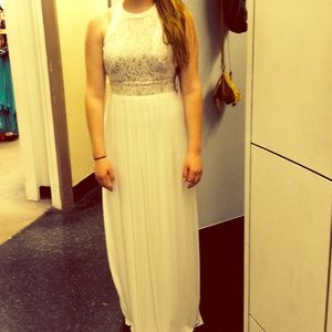 White with gold design on front prom dress