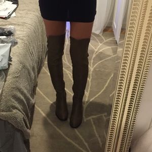 Suede, round toe, thigh high khaki boots