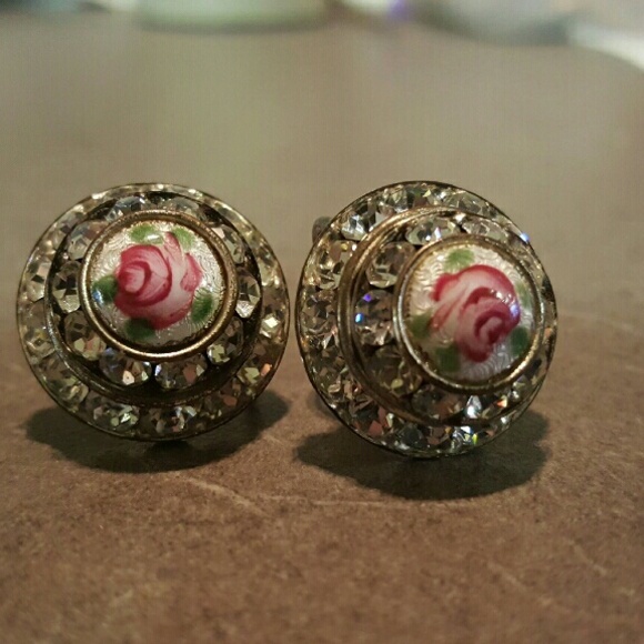 Antique Vintage Rare 1920's? Rose Enamel Earrings