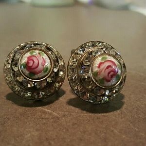 Antique Vintage Rare 1920's? Rose Enamel Earrings