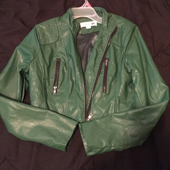 Green leather cropped jacket