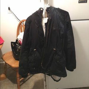H&M winter coat black with fur trim