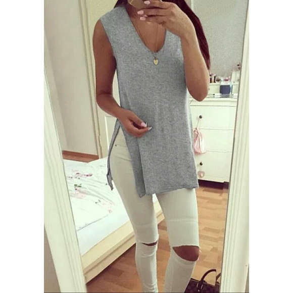 Grey Side-split Sleeveless Tunic