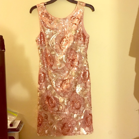 Blush pink and silver sequined mini dress, flowers