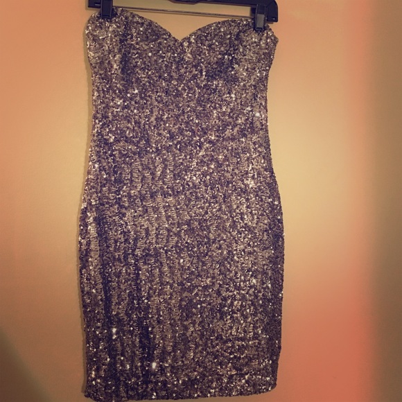 Strapless silver sequined mini dress
