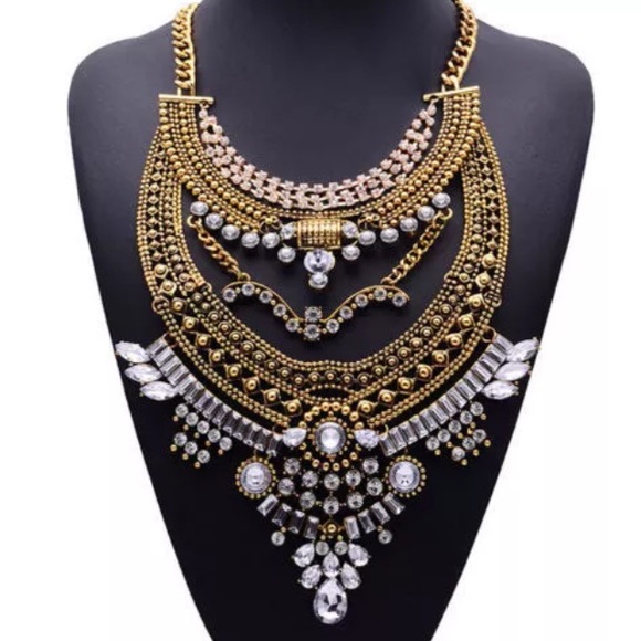 Statement necklace gold chunky bib collar stone - Picture 1 of 3