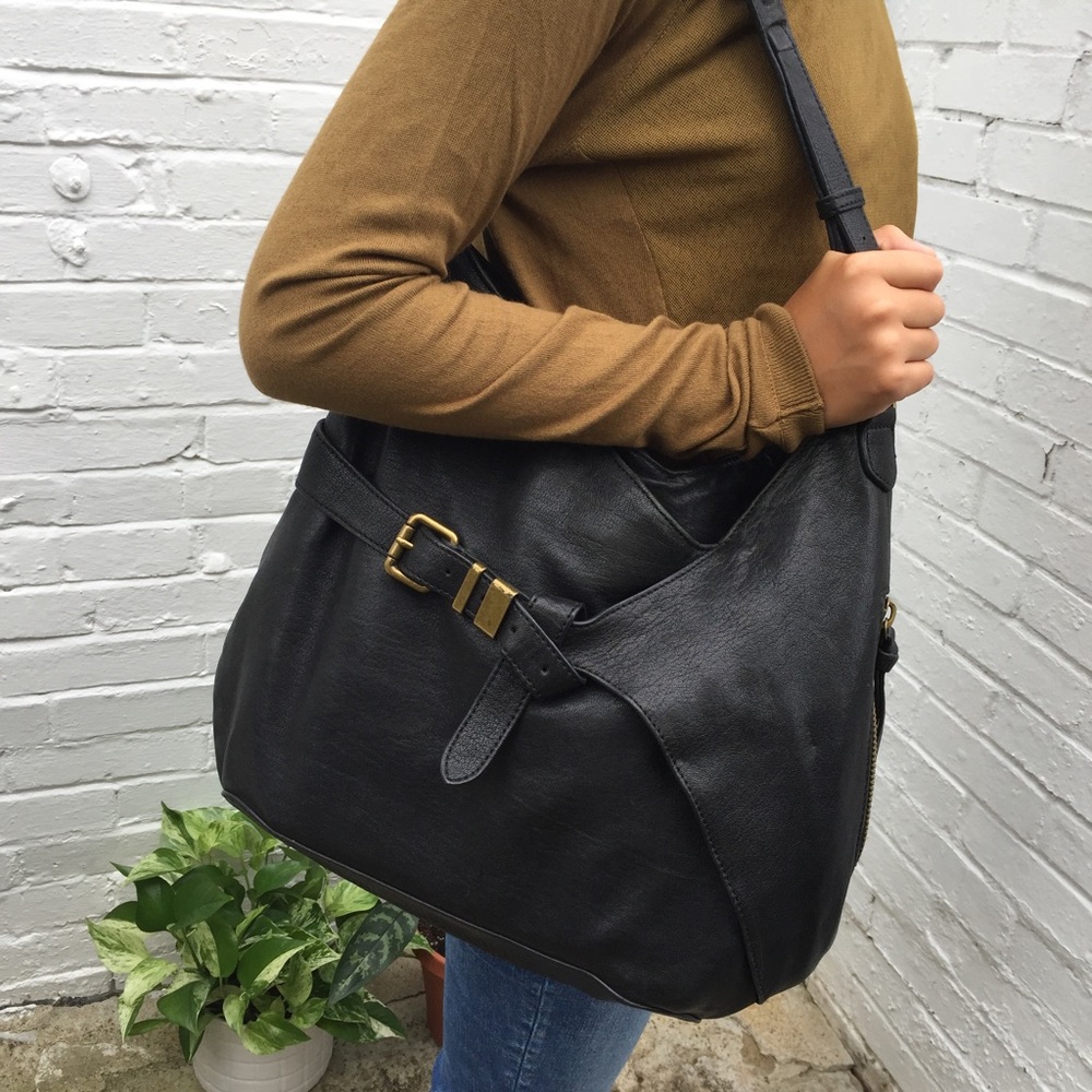 7 for All Mankind black genuine leather over the shoulder bag